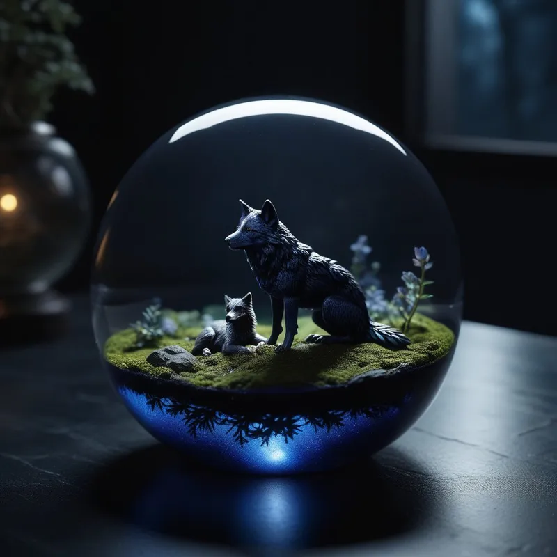 A glass sphere containing a tiny, glowing ecosystem with a miniature wolf and eagle, floating in a dark room