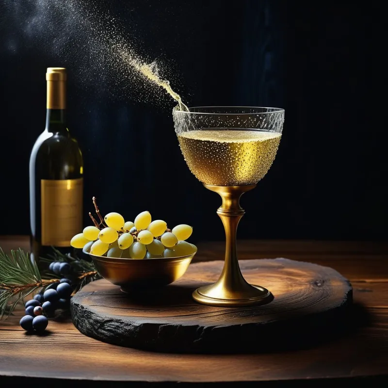 A surreal image of a golden cup overflowing with sparkling white wine, sitting on a table made of dark cedar wood