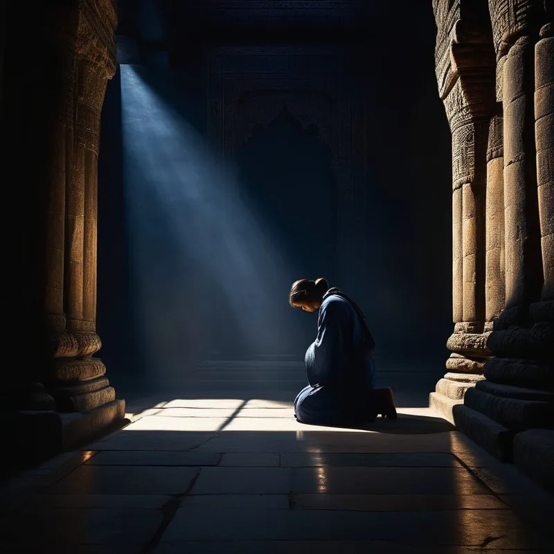A realistic image of a person kneeling in prayer in an ancient stone temple, with the shadows of angels on the walls