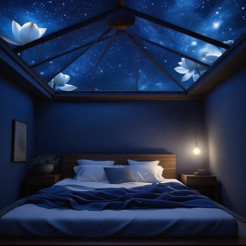 A realistic image of a person sleeping in a bed, with a channel of white light running from their heart up through the roof into a blue lotus in the sky
