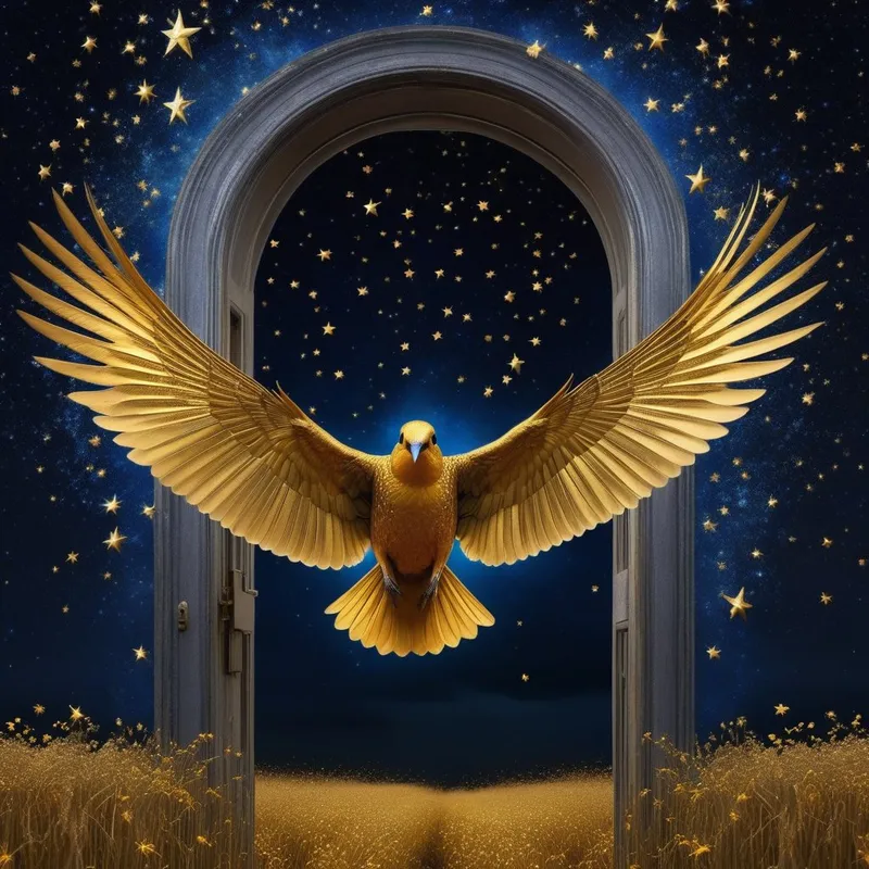 A surreal image of a golden bird with a human head (The Ba) flying through a doorway into a field of blue stars
