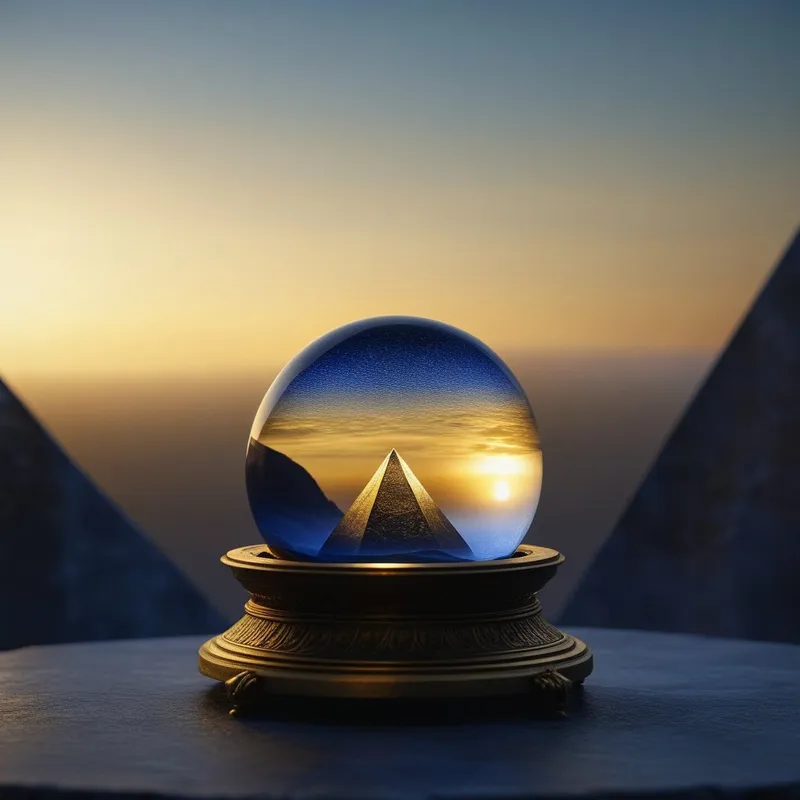 A glass sphere containing a miniature pyramid and an obelisk, with a soft golden mist rising from the center