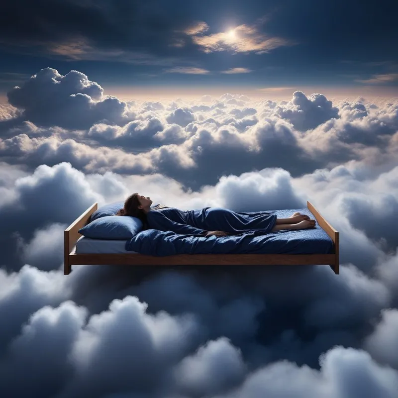 A person lying in a bed made of clouds, floating over a vast landscape, signifying the peace after the fall
