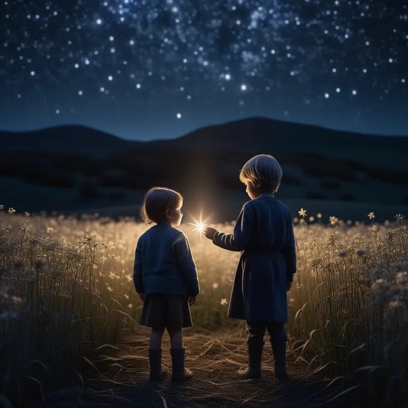A realistic image of a child made of light and an elder made of wood standing together in a field of stars