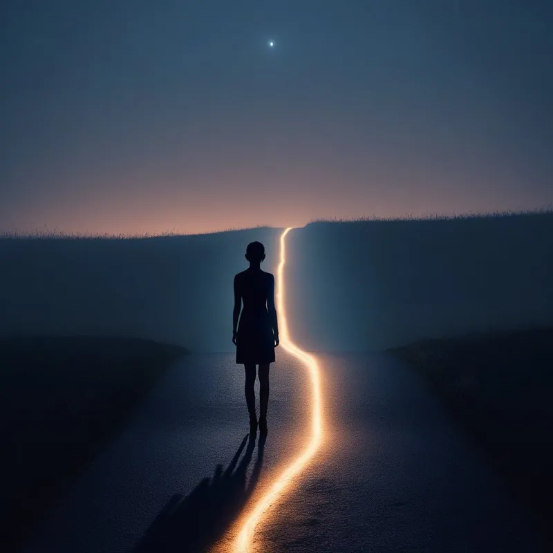 A silhouette of a person standing at a crossroads, with one path glowing with a soft, fetal-like light