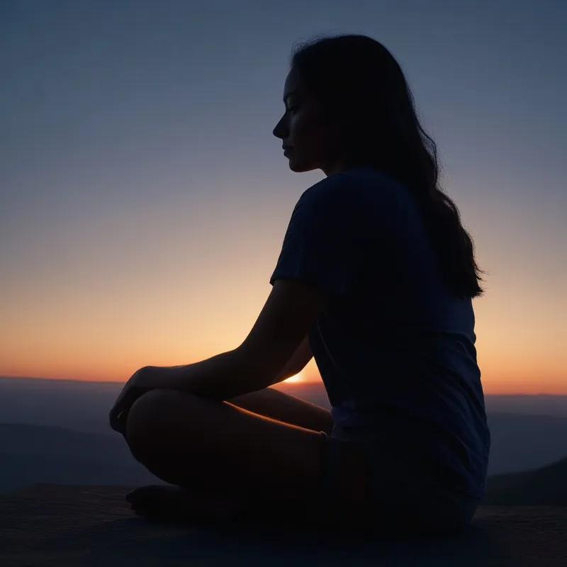 A person sitting cross-legged at sunrise, with a faint, peaceful dark outline superimposed over their body
