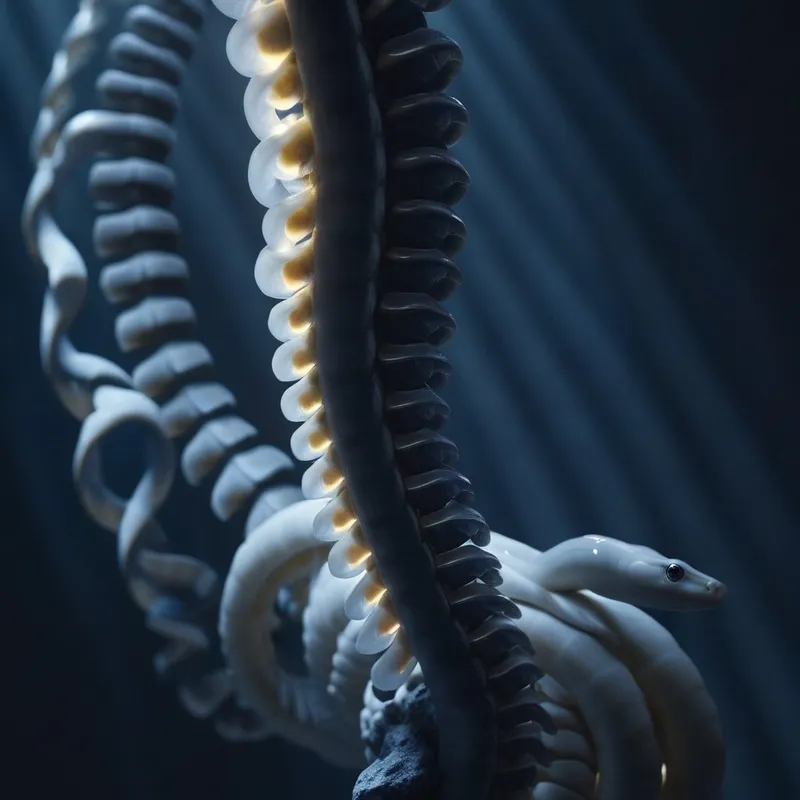 A surreal image of a human spine turning into a luminous white snake, with the brain glowing like a sun