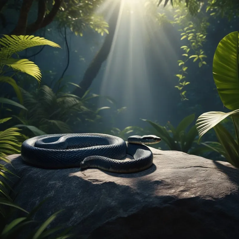 A cinematic wide shot of a peaceful jungle clearing where a snake is resting on a sun-drenched rock, symbolizing integrated power