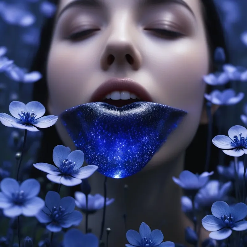 A glass-like, translucent mouth floating in a field of indigo flowers, representing filtered truth