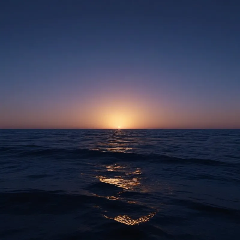 A cinematic wide shot of a sunrise reflecting over a calm indigo ocean, symbolizing the new day after the dream