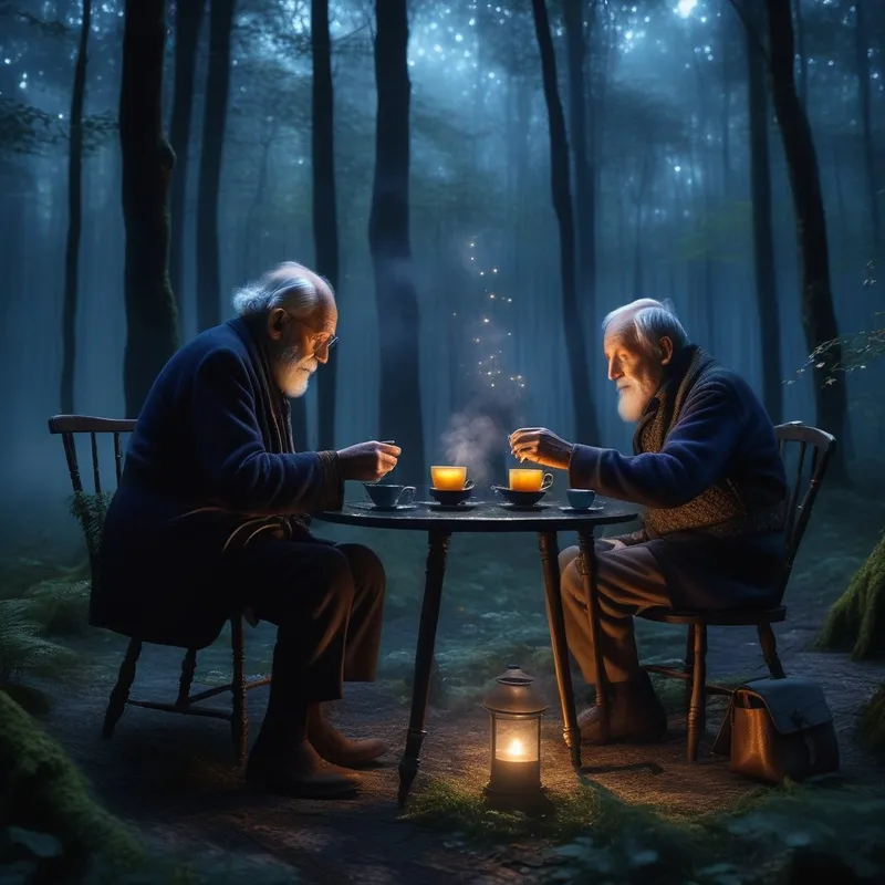 A glass table in a forest where an old man and a young person are sharing a cup of tea, with the steam turning into stars