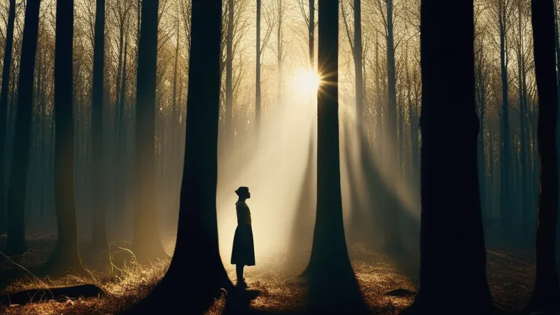 Person turning to face the shadow, glowing with inner light