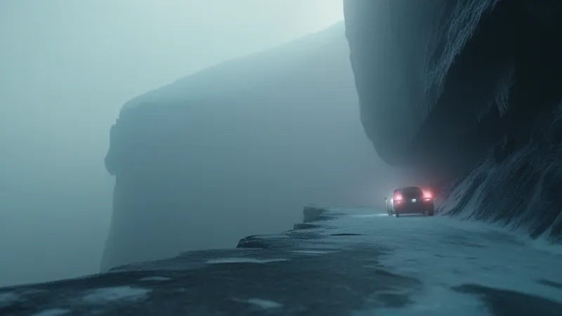 A car hovering frozen over the edge of a cliff, moment of surrender