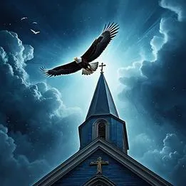 Eagle Soaring over a Church